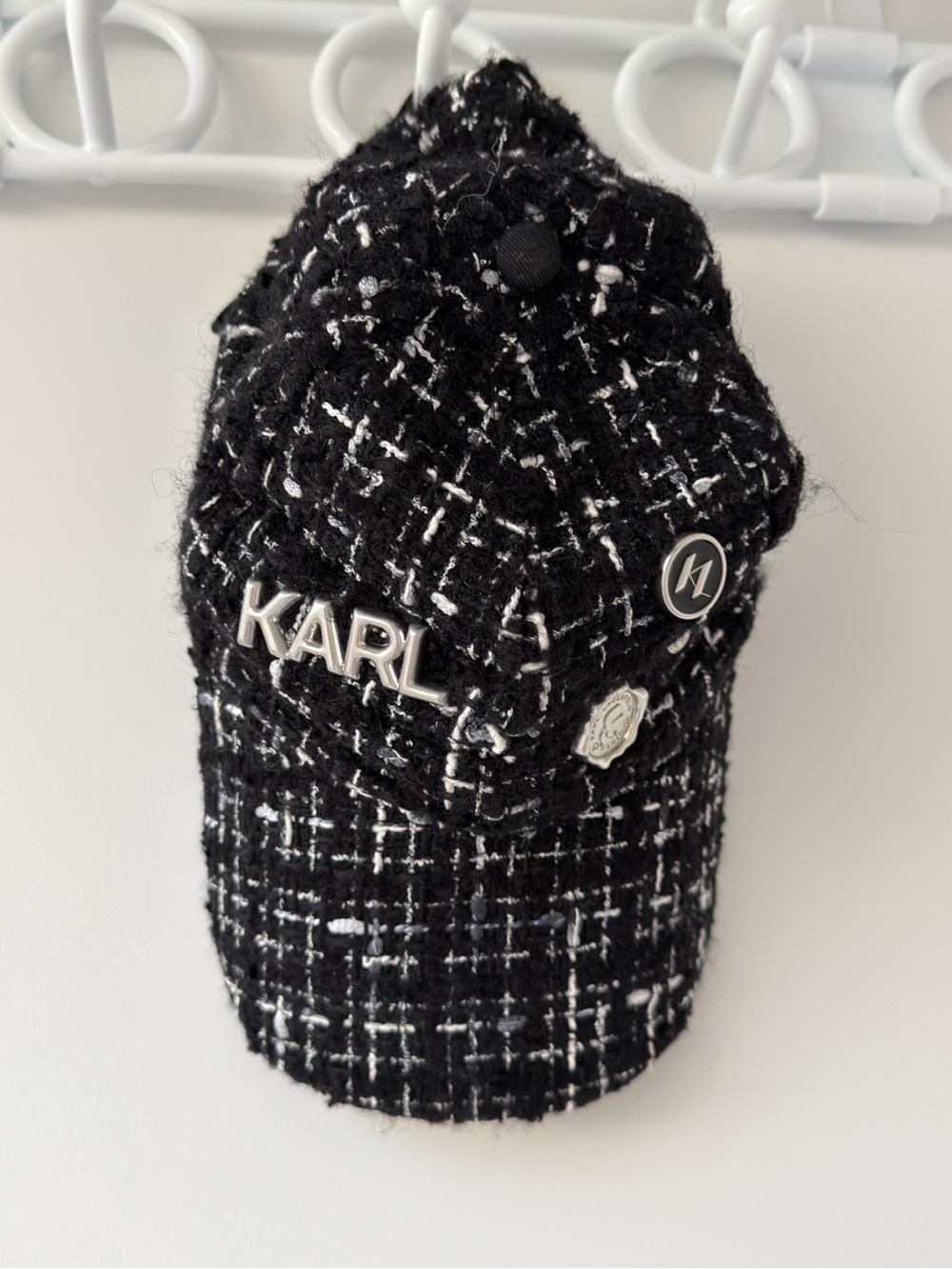 Karl Lagerfeld Black & White Tweed Kids Cap with Metal Logo Pins